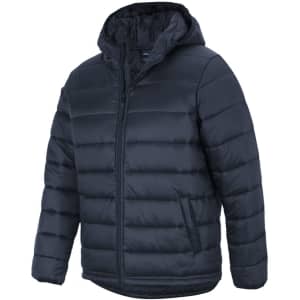 A black hooded puffer jacket with a zip front, featuring a logo on the chest.