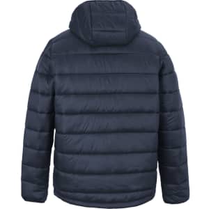 A navy blue puffer jacket with a hood, featuring a quilted design and no visible front details.