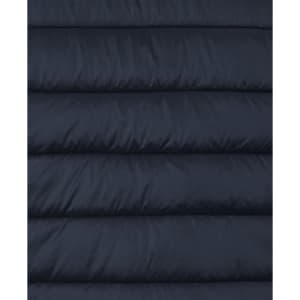 A dark navy puffer jacket with a quilted design and a concealed hood, featuring a logo.