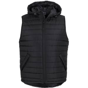 A black hooded puffer vest with a zip front and side pockets, featuring a logo.