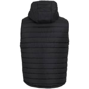 A black hooded puffer vest with a quilted design and a hood, featuring a logo on the back.