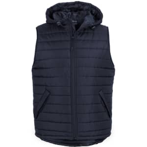 A navy hooded puffer vest featuring a zip front and side pockets, with a logo on the chest.
