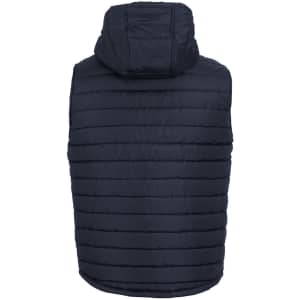 A dark navy hooded puffer vest featuring a quilted design and a hood at the back. It has a logo.
