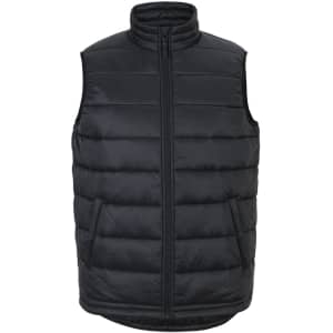 A black puffer vest with a high collar and zip front, featuring side pockets and a branded logo.