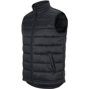 A black urban puffer vest with a zip front and side pockets, featuring a branding logo.