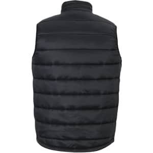 A black puffer vest with a padded design, featuring a high collar and no sleeves. It has a logo on the back.