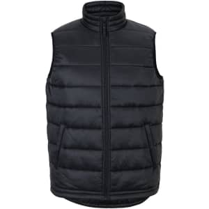 A black puffer vest with a high collar and zip front, featuring zippered side pockets and a logo.