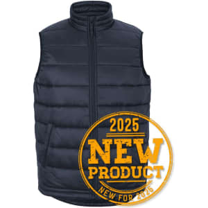 A navy puffer vest with a high collar and a front zipper, featuring a logo on the upper left side.