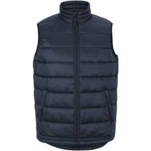 A dark navy puffer vest with a high collar, front zip, and side pockets. It features a logo on the front.