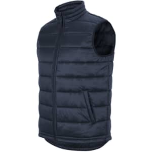 A navy puffer vest with a high collar, zip front, and side pockets. It features a logo on the front.