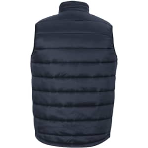A navy puffer vest with a quilted design and a high collar, featuring a logo.