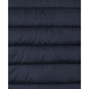 A dark navy puffer vest featuring quilted sections and a logo. The fabric has a smooth finish.