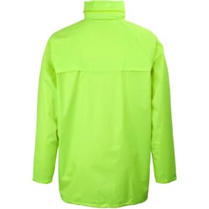 A bright lime green rain jacket featuring a high collar and a back cape design. It has a brand logo.