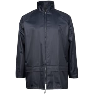A navy rain jacket featuring a zip front, high collar, and elasticated cuffs. It has a logo on the chest.