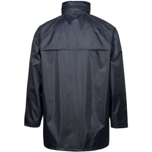 A black rain jacket with a high collar and a back vent, featuring a logo.