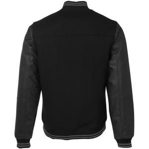 A black varsity jacket featuring leather sleeves and a ribbed collar. The back view showcases its sleek design.