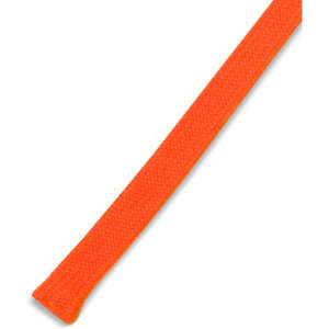 An orange drawcord with a textured surface, suitable for various clothing accessories. It has a branding logo.
