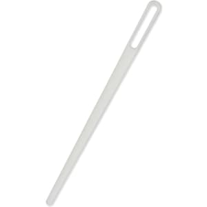 A slim, white threading needle with an elongated design and a large eye for easily threading drawcords.