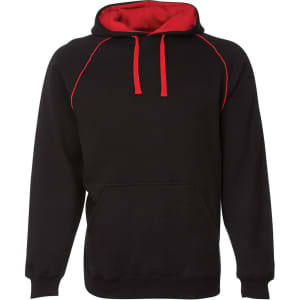 A black hoodie with contrasting red detailing on the hood and drawstrings, featuring a front pocket and a logo.