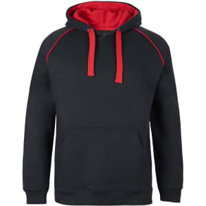 A black fleece hoodie with red accents and two red drawstrings, featuring a front pocket and a hood.