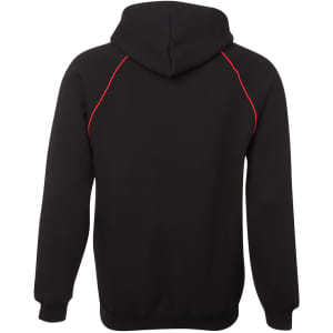 A black hoodie featuring contrasting red stitching and a hood. It has a logo on the back.