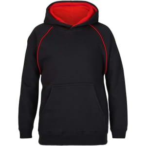 A black hoodie with a red interior and contrasting red stitching, featuring a front pocket and a hood.