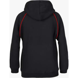 A black hoodie featuring red contrast stitching and a hood, with a logo on the back.