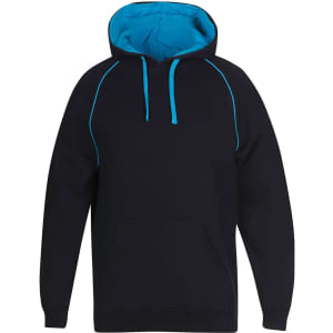 A black hoodie with a contrast blue interior and stitching, featuring a front pocket and a hood.