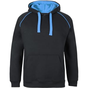 A black hoodie with a light blue inside hood and contrasting blue detailing, featuring a front pocket and drawstrings.