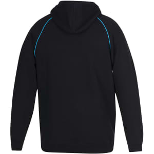 A black hoodie with contrasting blue stitching, featuring a hood and long sleeves. It has a logo on the back.