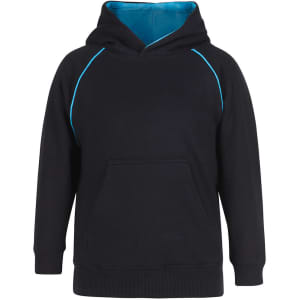 A black hoodie with blue contrast detailing and a front pocket, featuring a hood and ribbed cuffs.