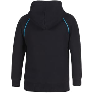 A black hoodie featuring a contrasting blue seam detail and a spacious hood at the back.
