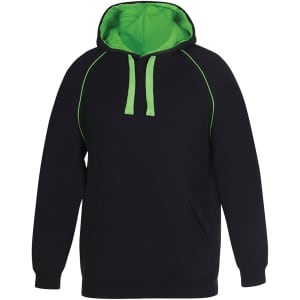 A black hoodie with a green interior and contrasting green stitching. It features a front pocket and a hood.