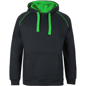 A black hoodie with a green interior and contrast stitching, featuring a front pocket and a drawstring hood.