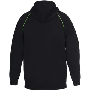 A black hoodie featuring green contrast stitching, with a spacious hood and ribbed cuffs. It has a logo on the back.
