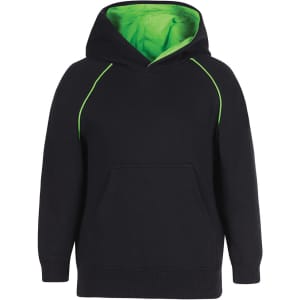 A black hoodie with a green inner lining and contrast stitching, featuring a front pocket and a hood.