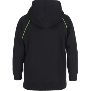 A black hoodie featuring contrast green stitching, with a spacious hood and a relaxed fit. It has a logo on the back.