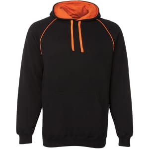 A black hoodie featuring an orange contrast lining and drawstrings, with a front pocket and a branded logo.