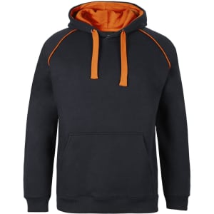 A black hoodie with orange accents, featuring a front pocket and a hood with drawstrings. It has a logo.