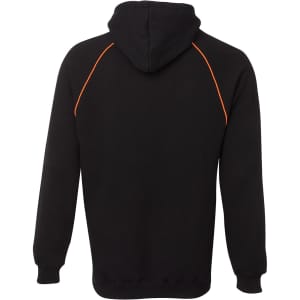 A black hoodie featuring orange contrast stitching along the seams and a hood. It has a branding logo.