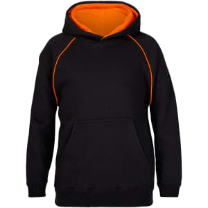 A black hoodie featuring an orange interior and contrasting stitching, complete with a kangaroo pocket and a logo.