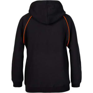 A black hoodie with orange contrast stitching, featuring a hood and long sleeves. It has a logo on the garment.