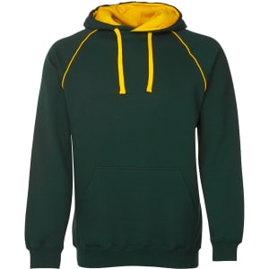 A green hoodie with yellow accents and a kangaroo pocket, featuring a hood and drawstrings. Includes a logo.