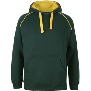A green hoodie with a yellow inner lining and contrasting seams, featuring a front pocket and a drawstring hood.
