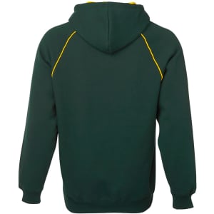 A green hoodie with yellow contrast stitching and a hood, featuring a logo on the back.