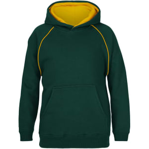 A green hoodie with a yellow interior and contrasting stitching, featuring a large front pocket and a hood.