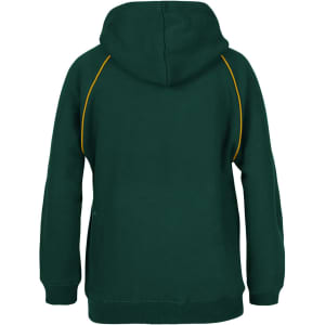 A green hoodie with a contrast yellow trim and a spacious hood, featuring a logo on the back.