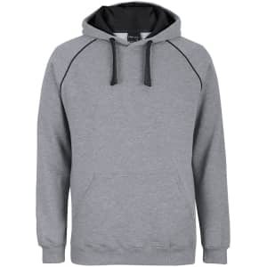 A grey hoodie with a black contrast hood, featuring a front pocket and a logo.