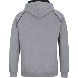 A grey hoodie with a black hood and contrasting details, featuring a logo on the back.