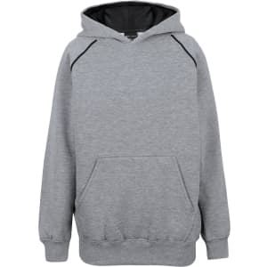 A grey hoodie with a black inner lining and contrasting details, featuring a kangaroo pocket and a hood.